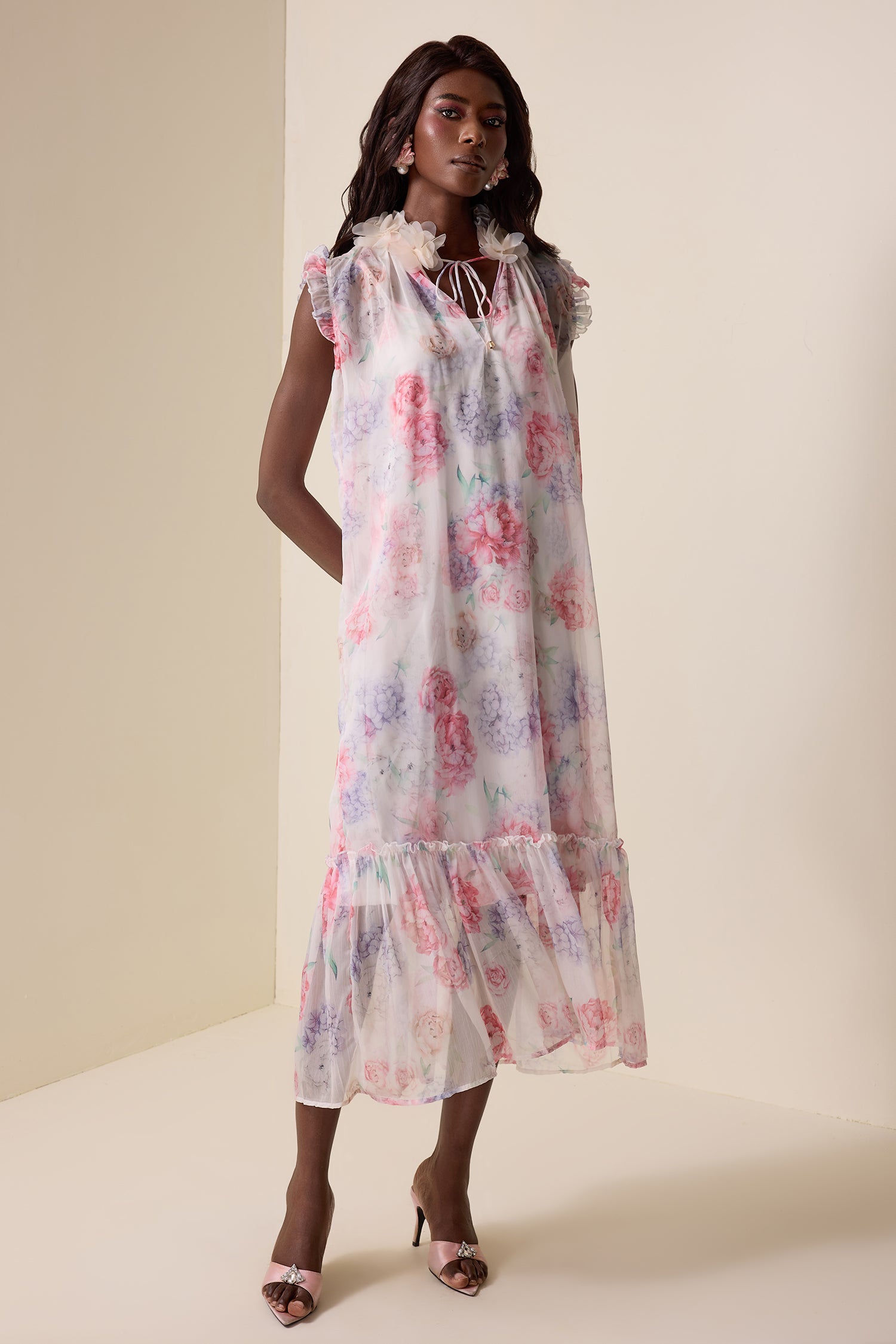 Floral Ruffle Lace Up Midi Dress