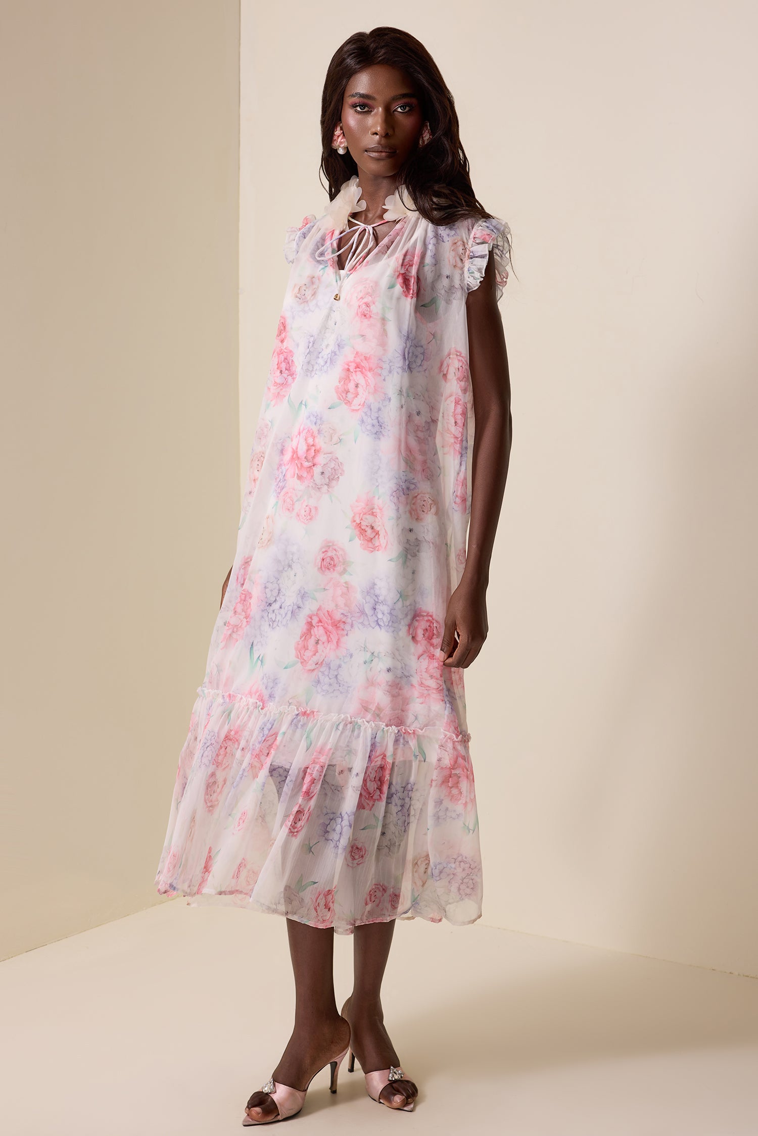 Floral Ruffle Lace Up Midi Dress