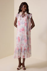Floral Ruffle Lace Up Midi Dress