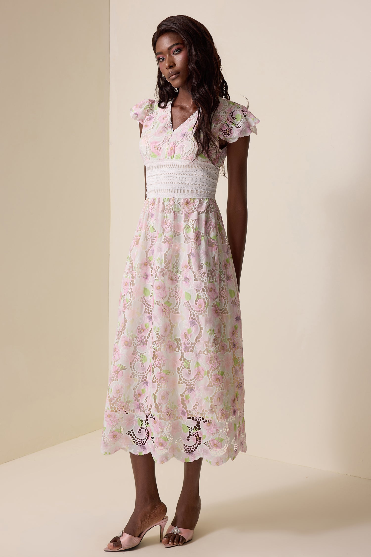 Lace Floral V-Neck Midi Dress