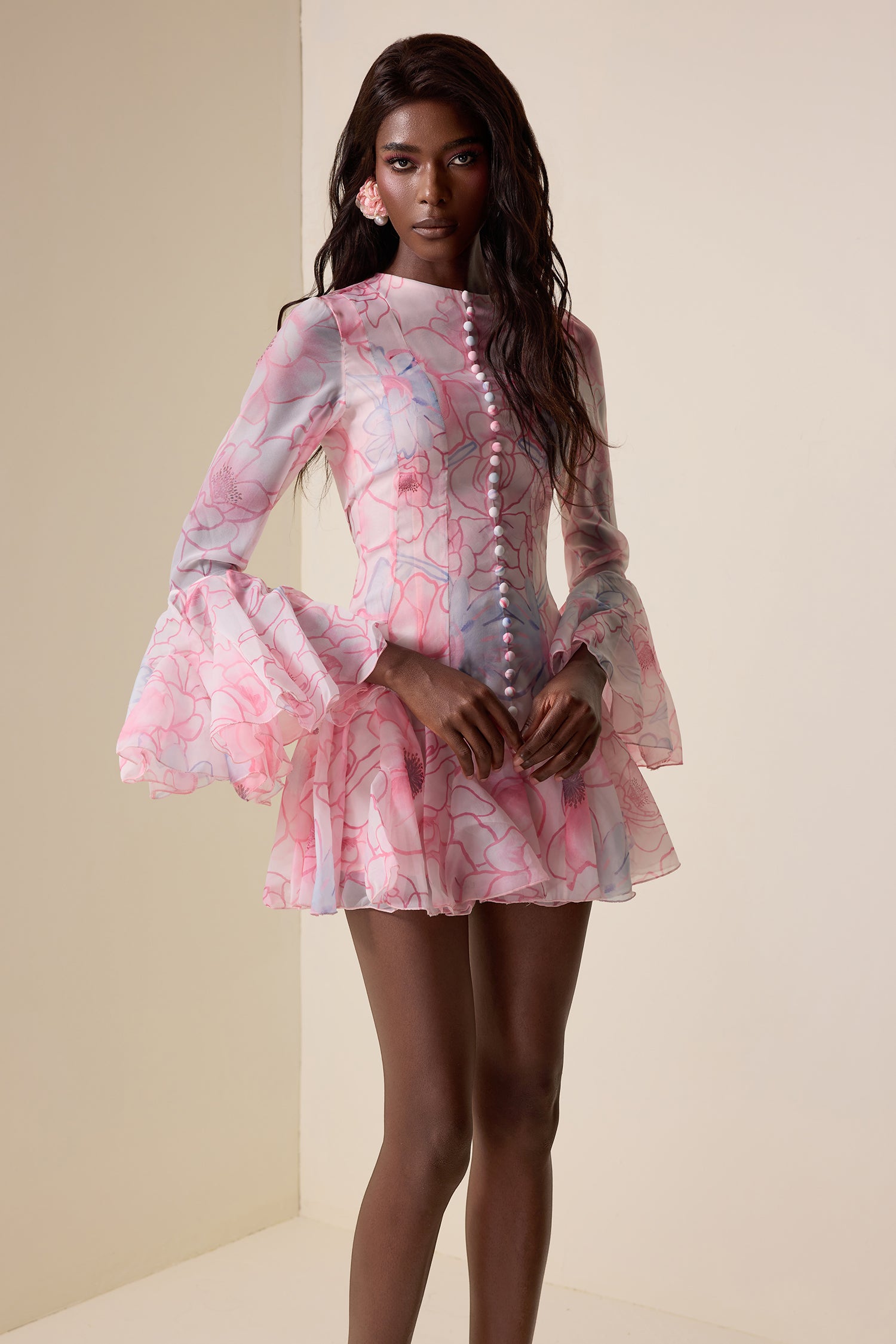 Floral Single Breasted Long Sleeve Mini Dress
