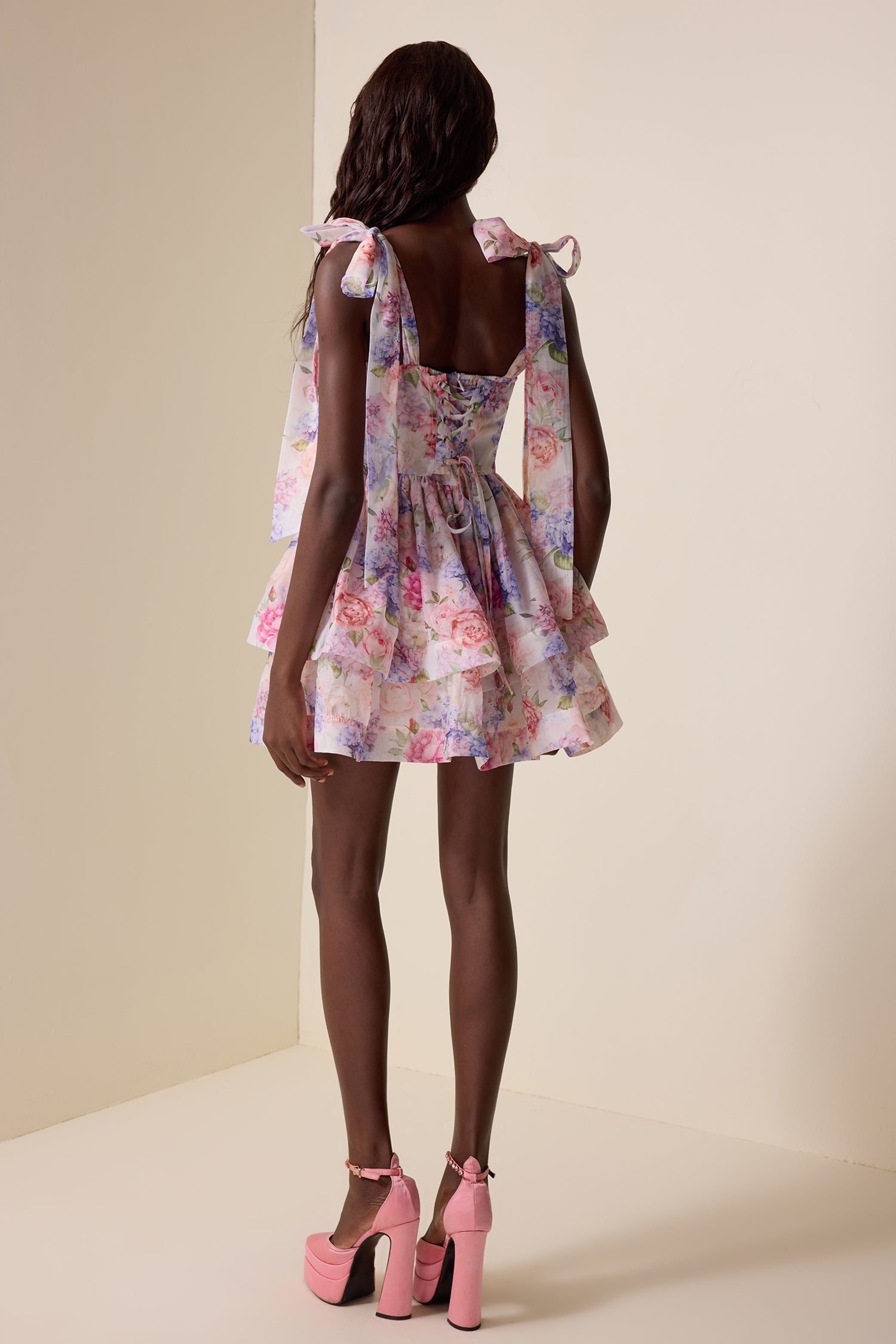 Floral Lace Up Ruffle Mini Dress
