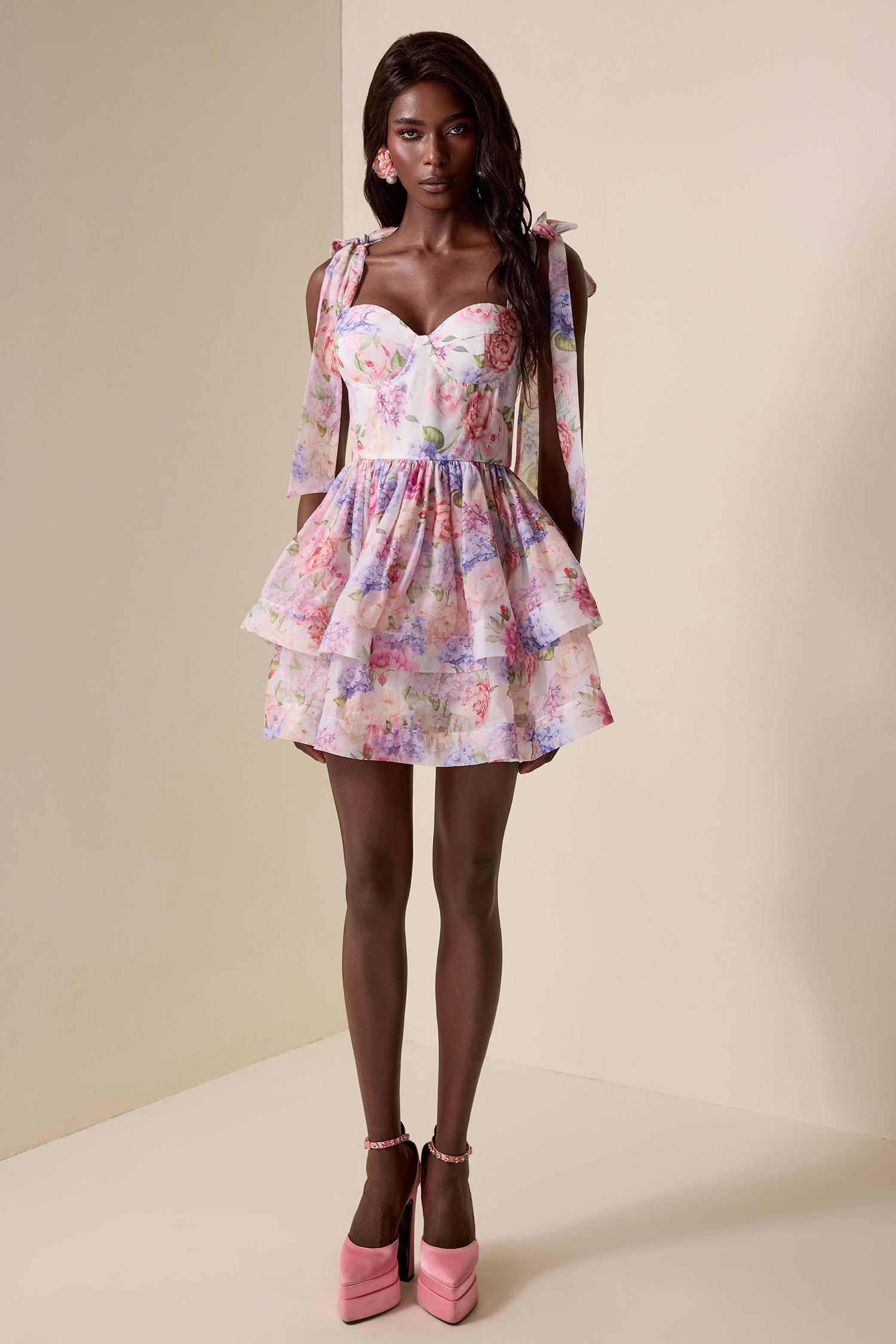 Floral Lace Up Ruffle Mini Dress