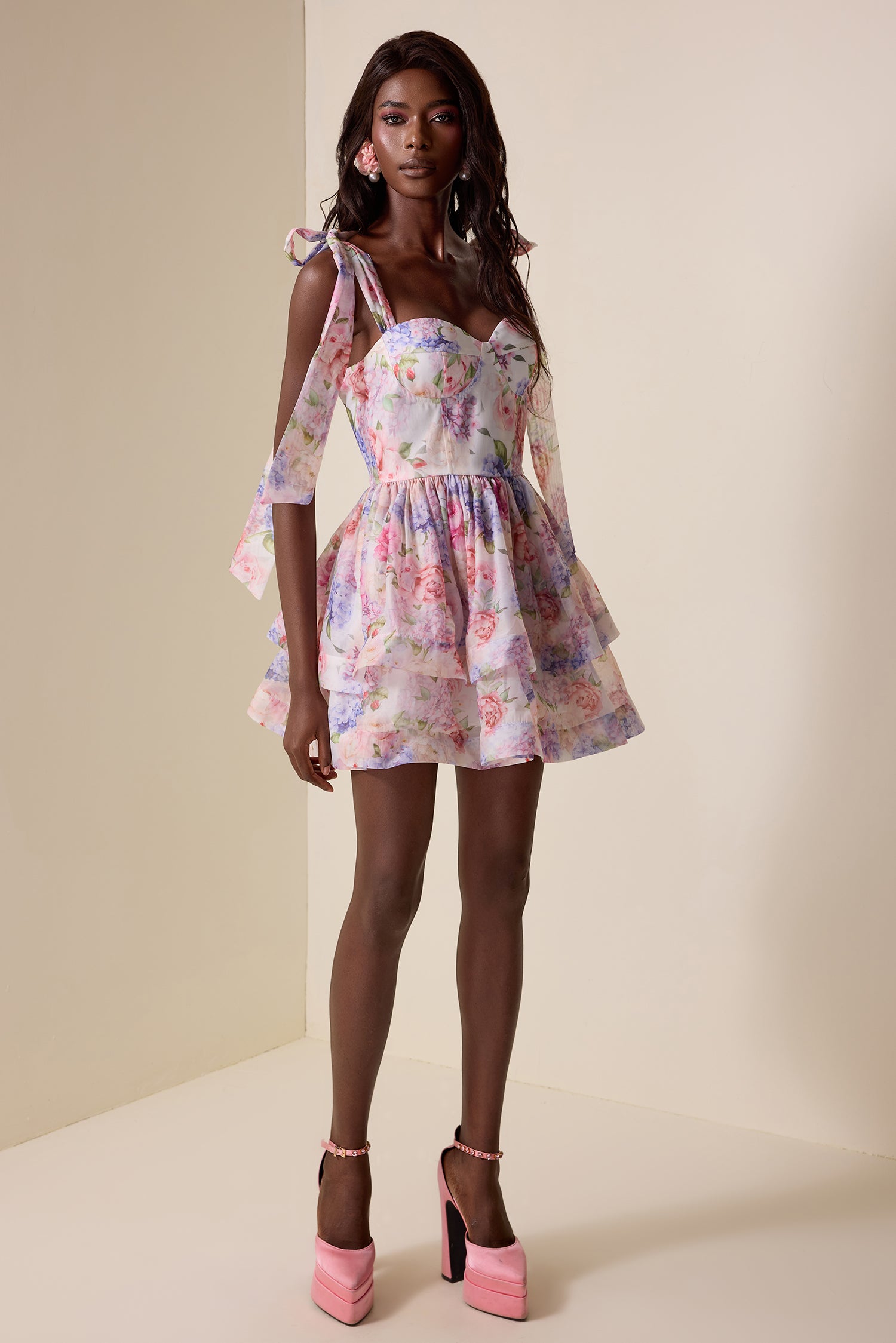 Floral Lace Up Ruffle Mini Dress
