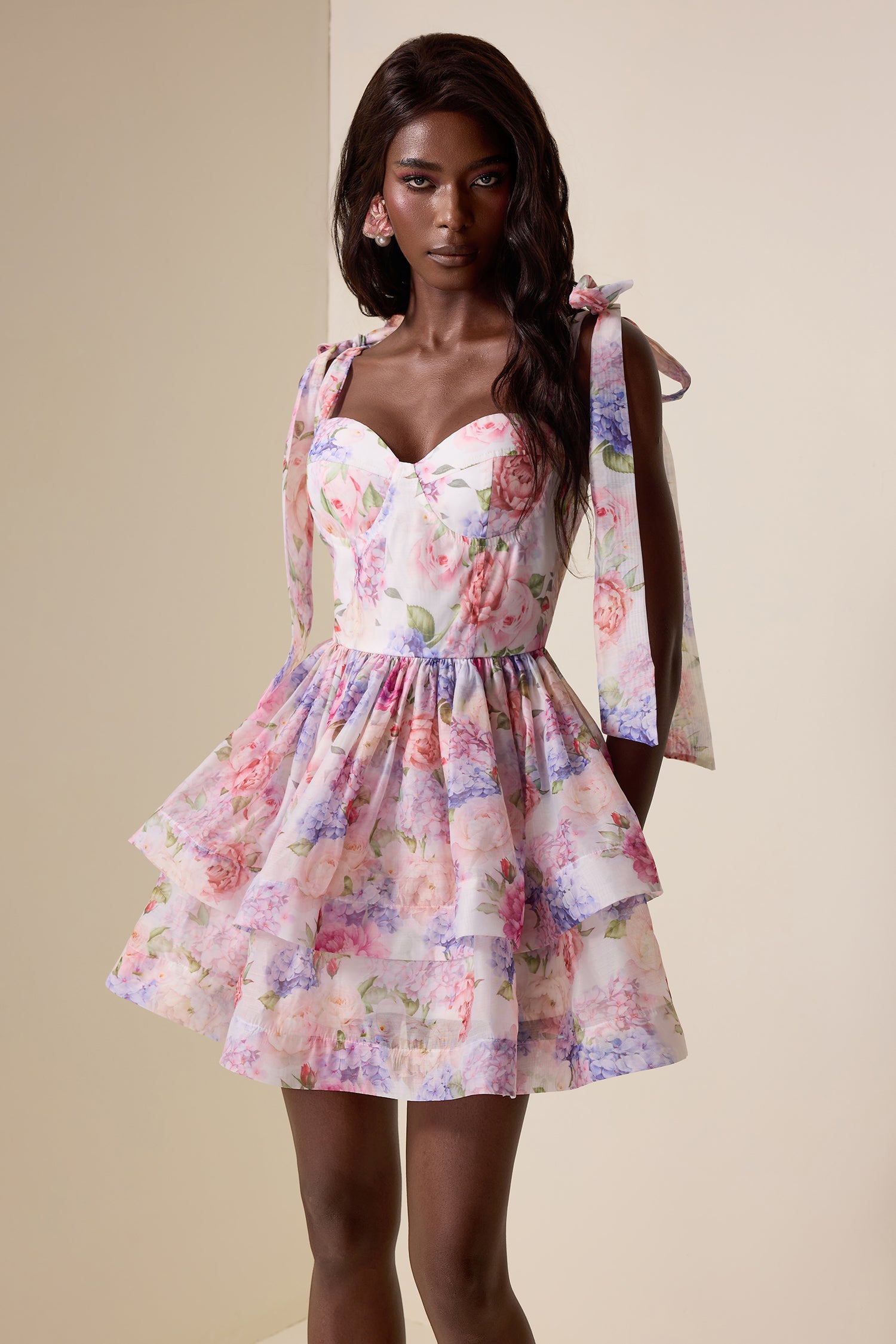 Floral Lace Up Ruffle Mini Dress