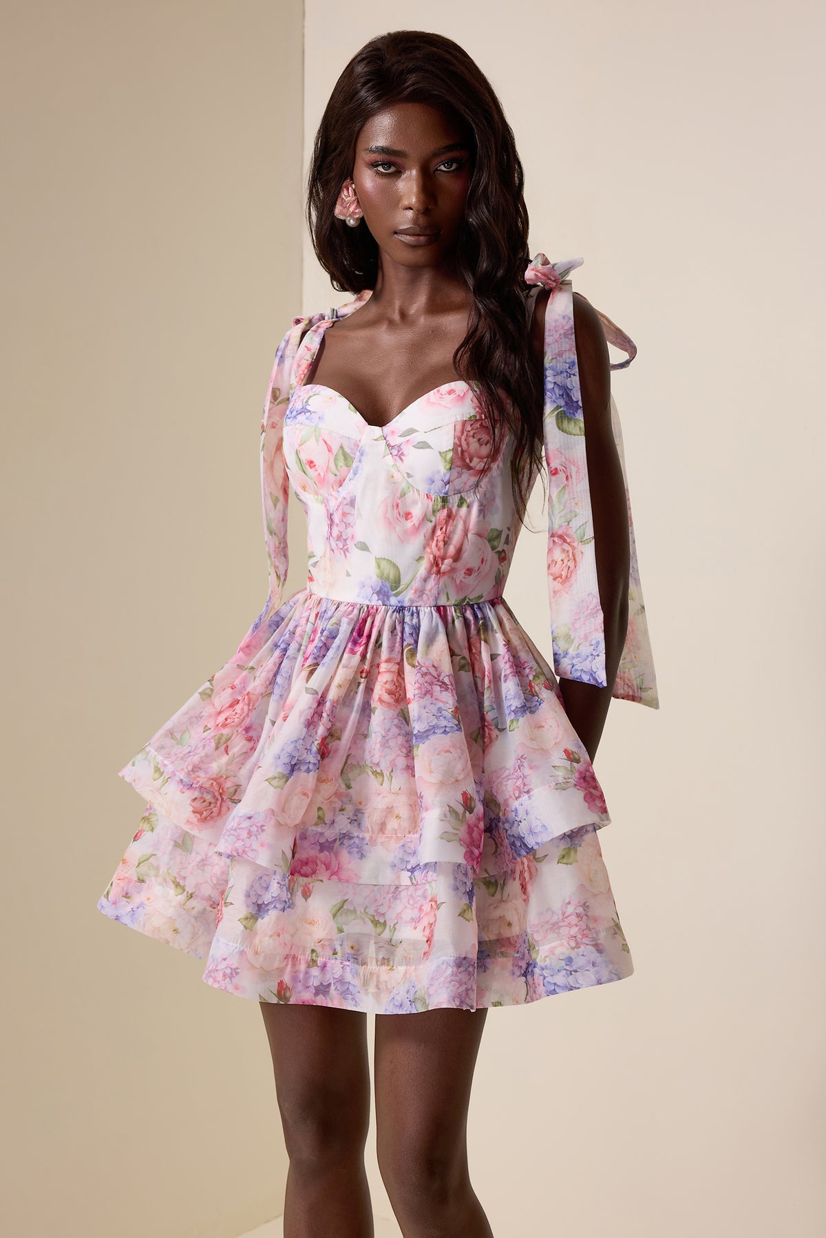 Floral Lace Up Ruffle Mini Dress