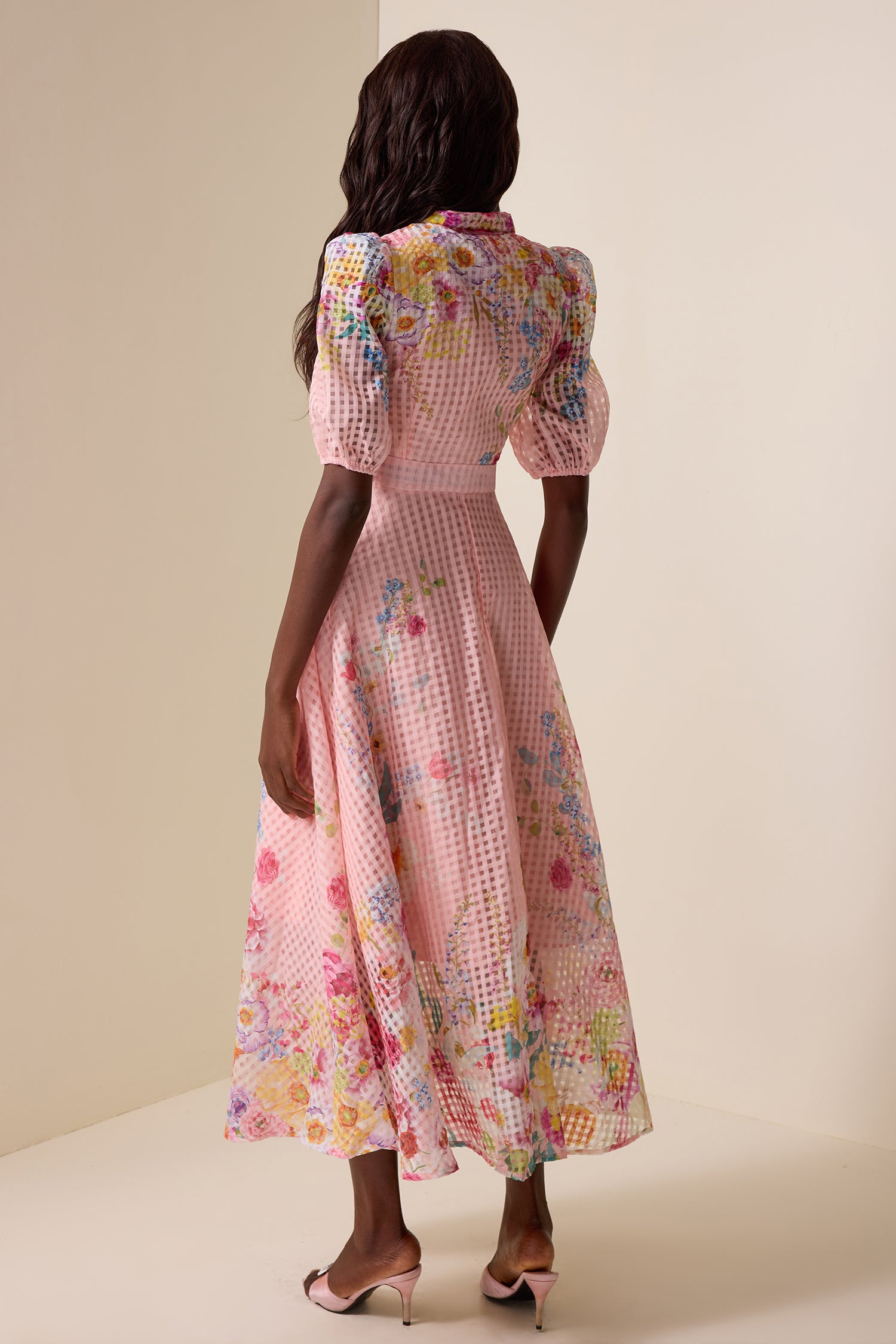 Floral Lace Up Puff Sleeve Midi Dress