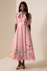Floral Lace Up Puff Sleeve Midi Dress