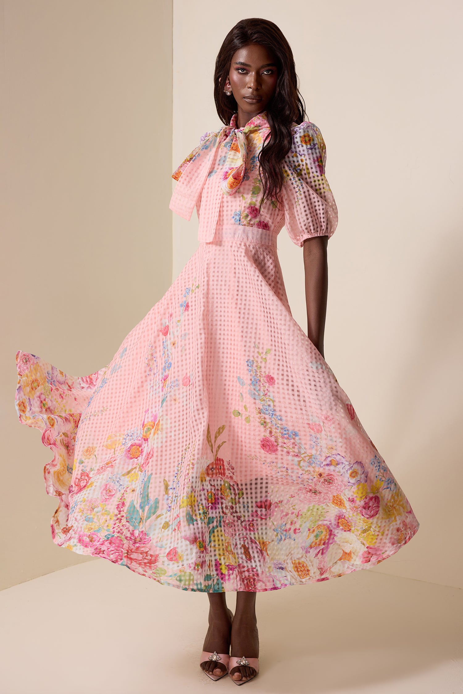 Floral Lace Up Puff Sleeve Midi Dress
