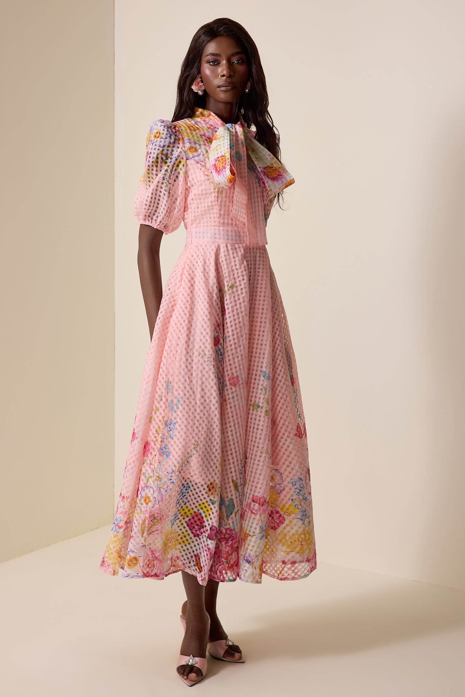 Floral Lace Up Puff Sleeve Midi Dress
