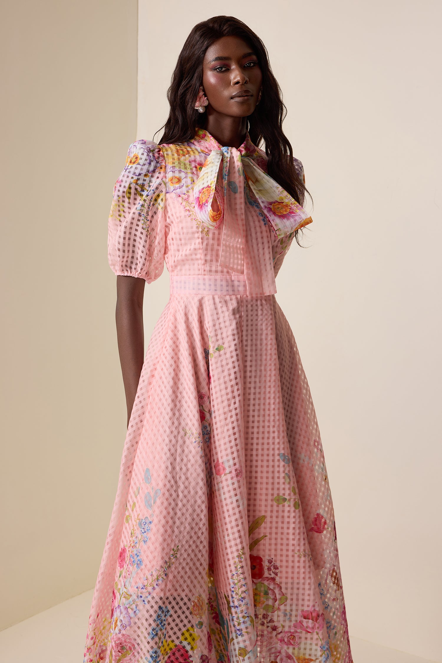 Floral Lace Up Puff Sleeve Midi Dress