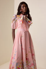 Floral Lace Up Puff Sleeve Midi Dress