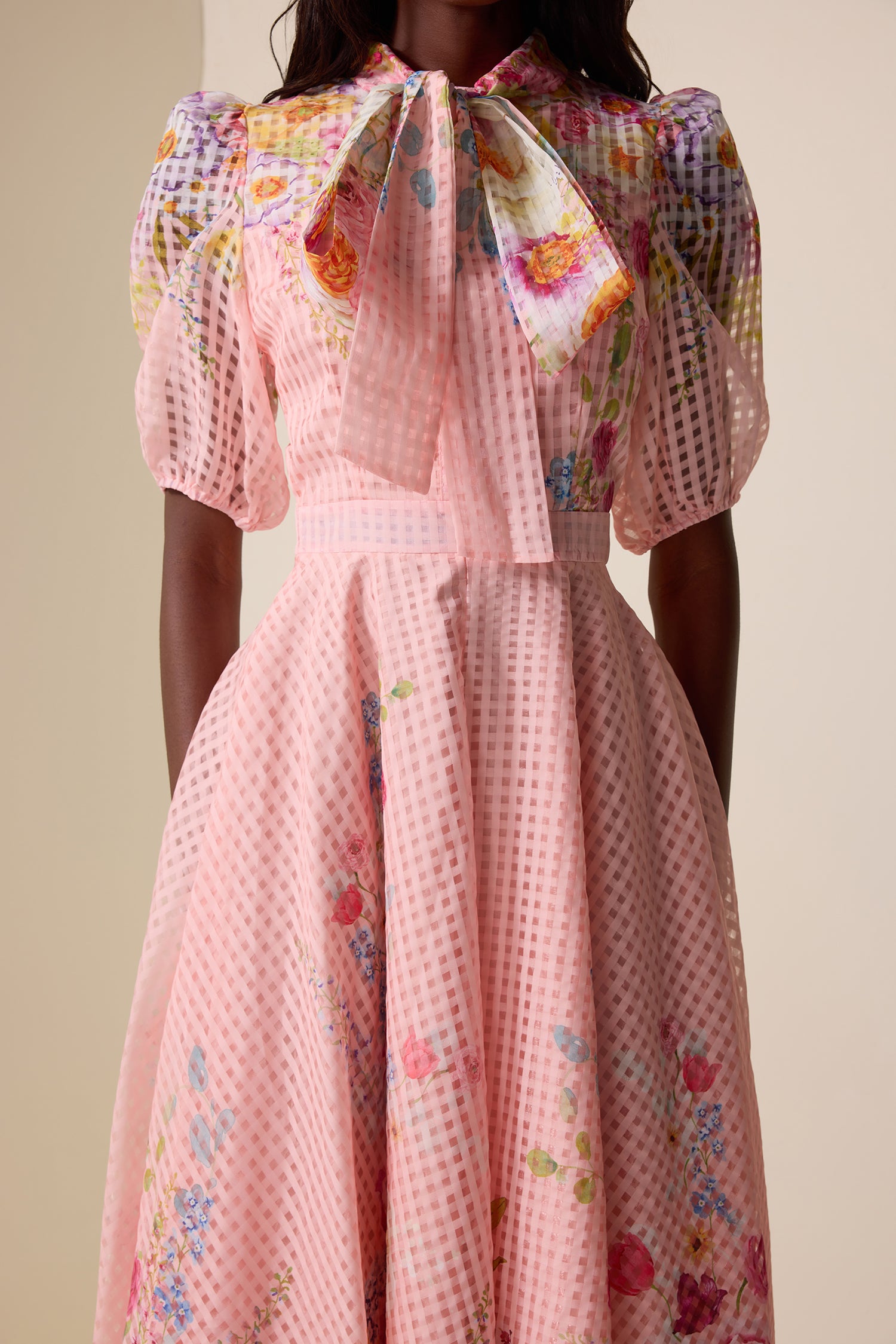 Floral Lace Up Puff Sleeve Midi Dress