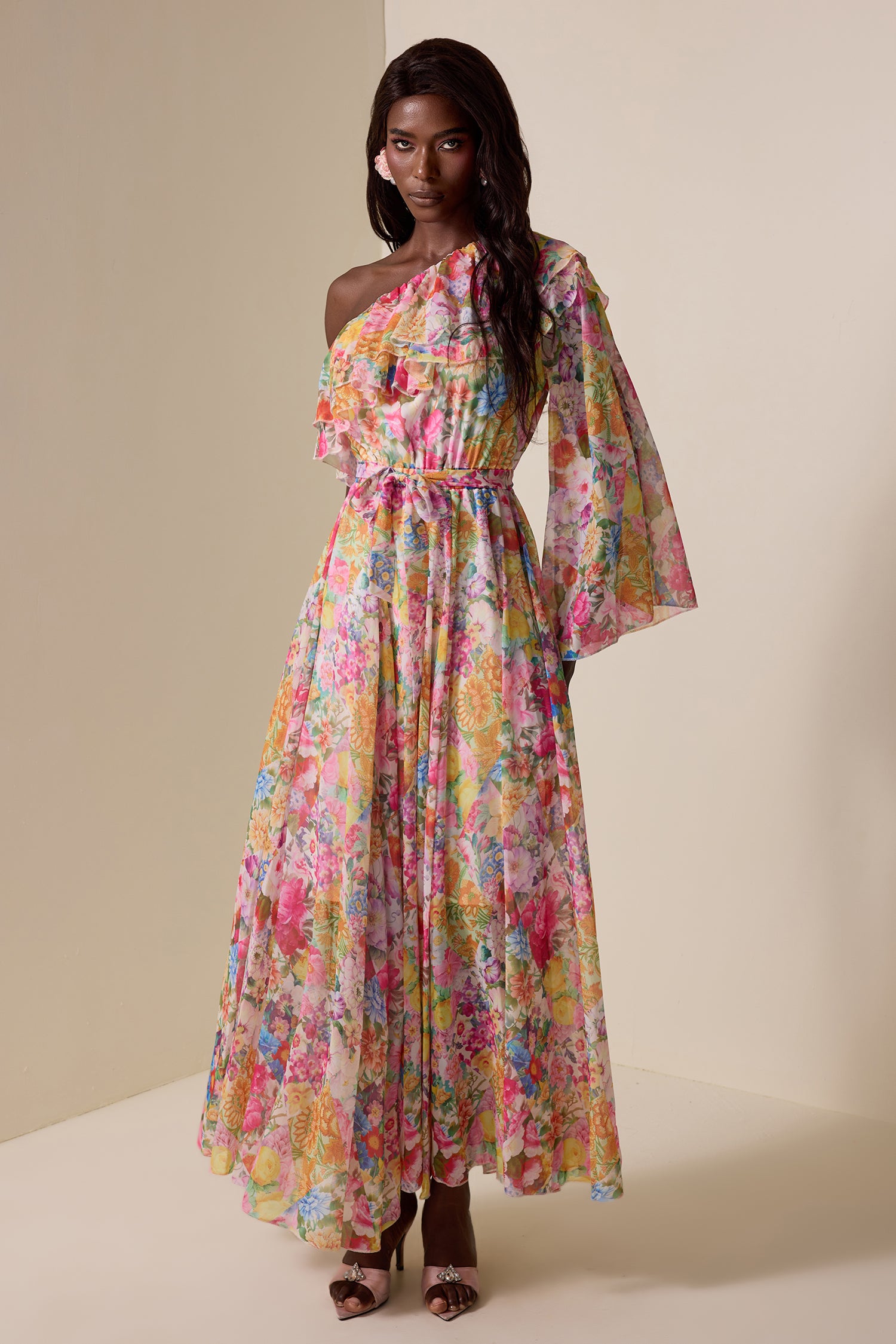 Chiffon Floral Skew Collar Maxi Dress