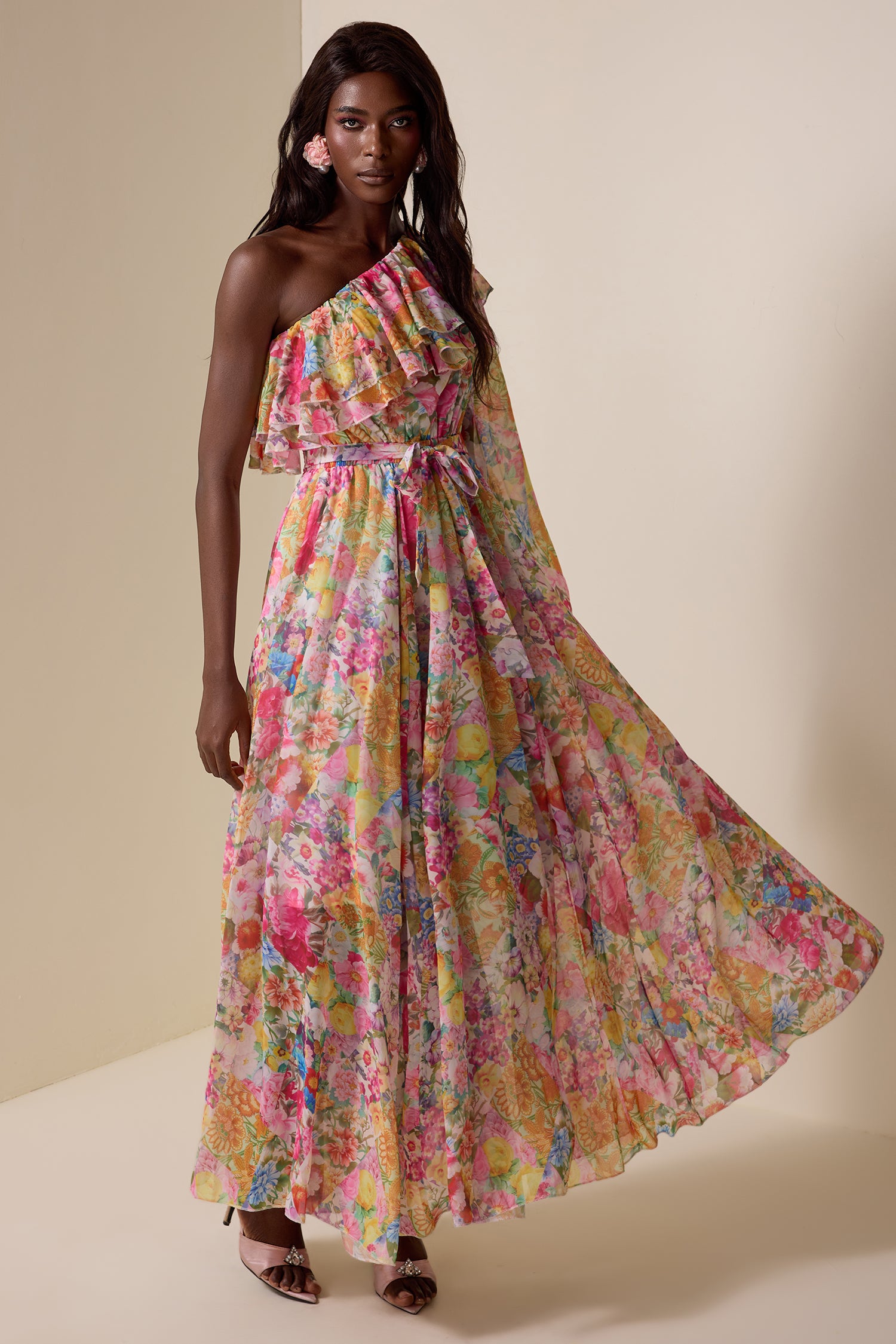Chiffon Floral Skew Collar Maxi Dress