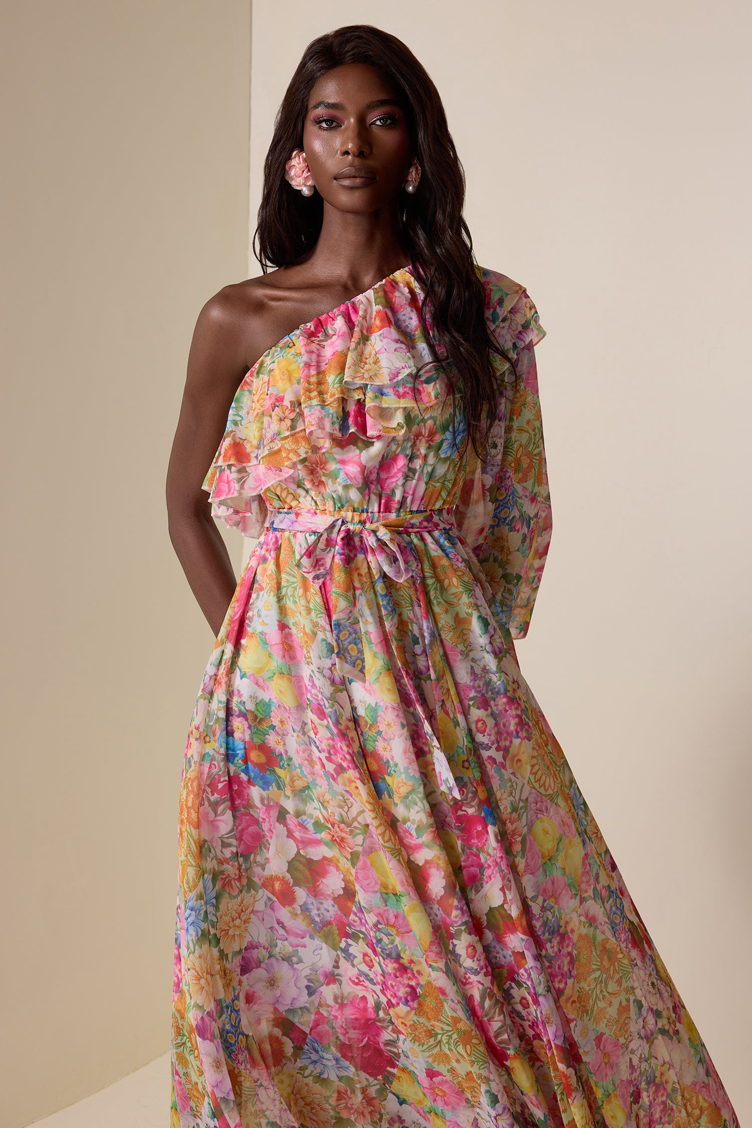 Chiffon Floral Skew Collar Maxi Dress