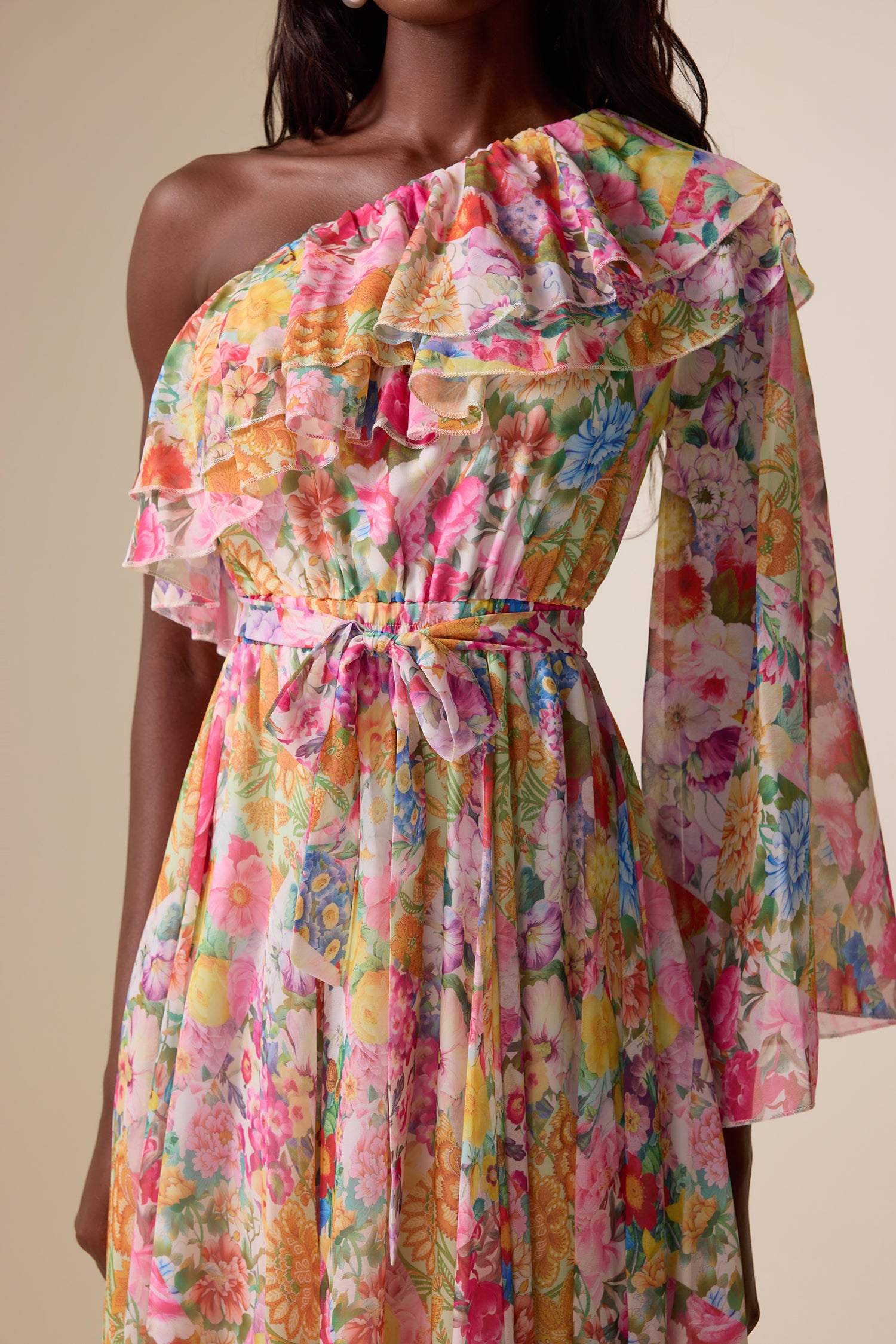 Chiffon Floral Skew Collar Maxi Dress