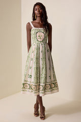 Floral Square Collar Faux Pearl Midi Dress