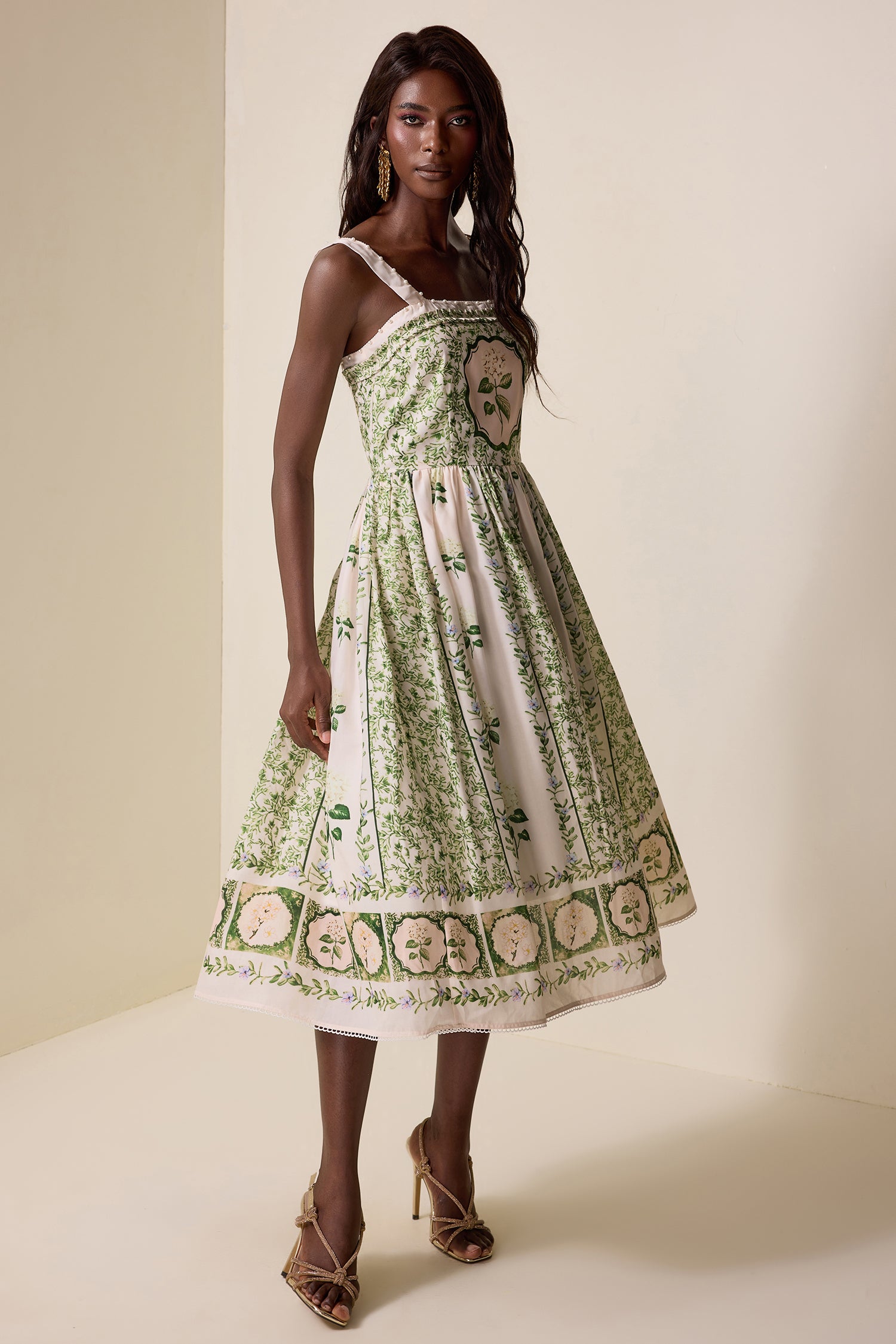 Floral Square Collar Faux Pearl Midi Dress