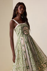Floral Square Collar Faux Pearl Midi Dress