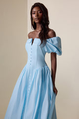 Solid Puff Sleeve Single Breasted Midi Dress