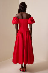 Solid Puff Sleeve Single Breasted Midi Dress