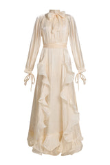 Solid Stand Collar Pleated Frill Maxi Dress With Belt