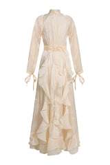 Solid Stand Collar Pleated Frill Maxi Dress With Belt
