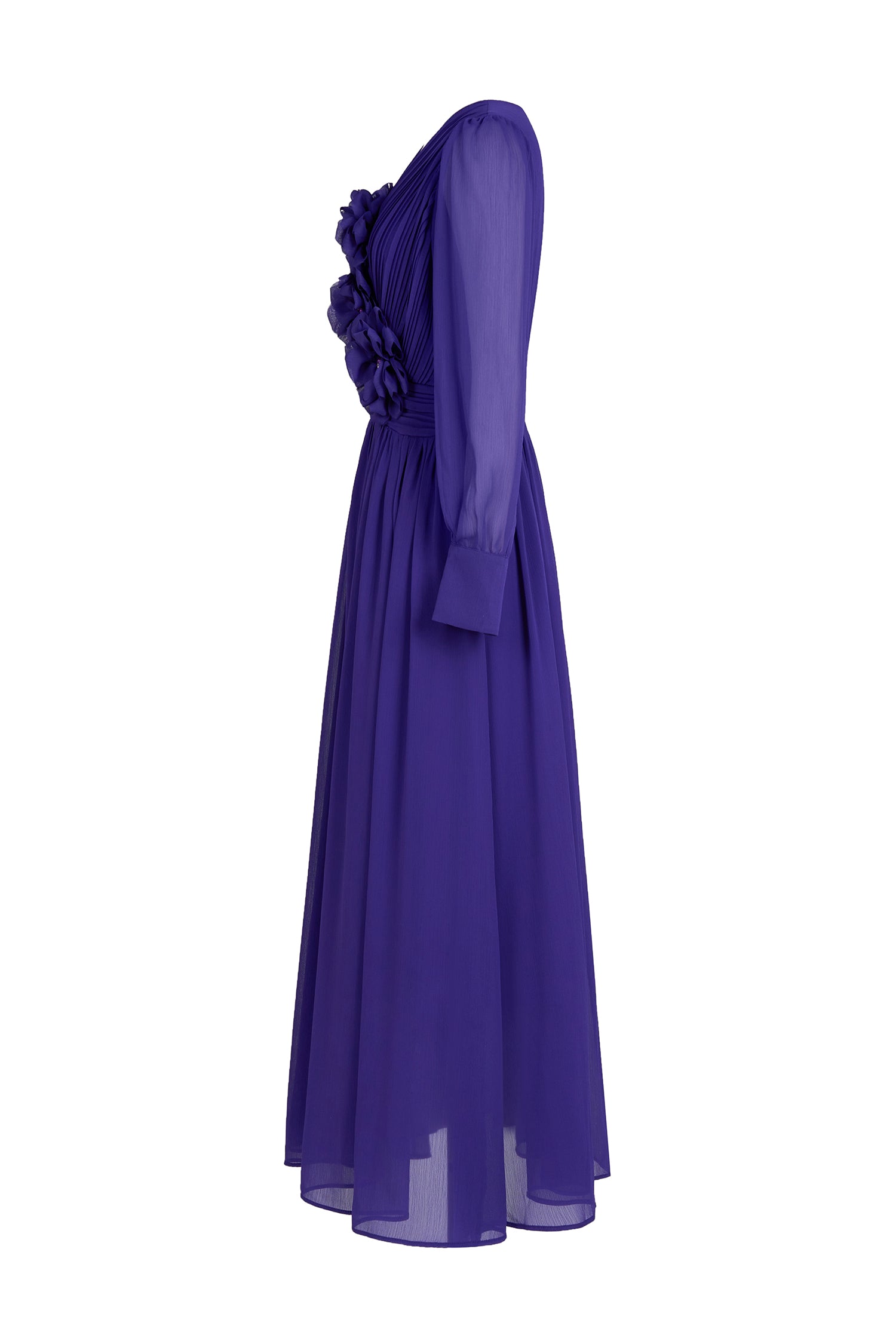 Pleat 3D Flower Long Sleeve Midi Dress