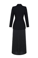 3D Flower Kerchief Blazer & Dots Midi Skirt Set
