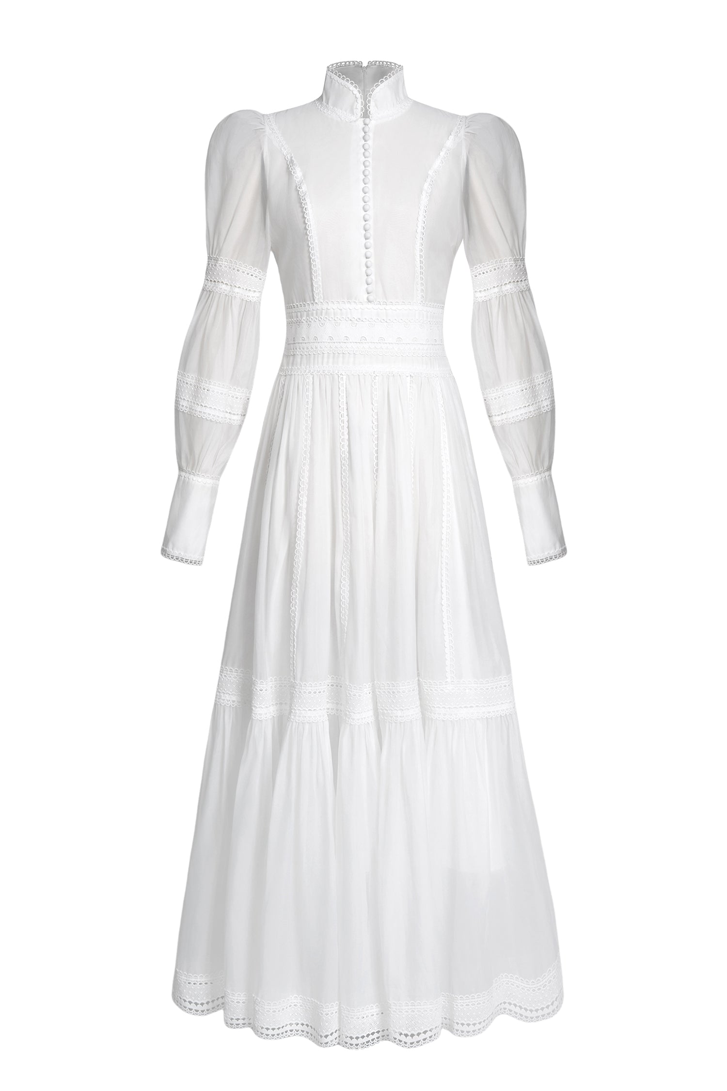 Stand Collar Puff Sleeve Lace Midi Dress