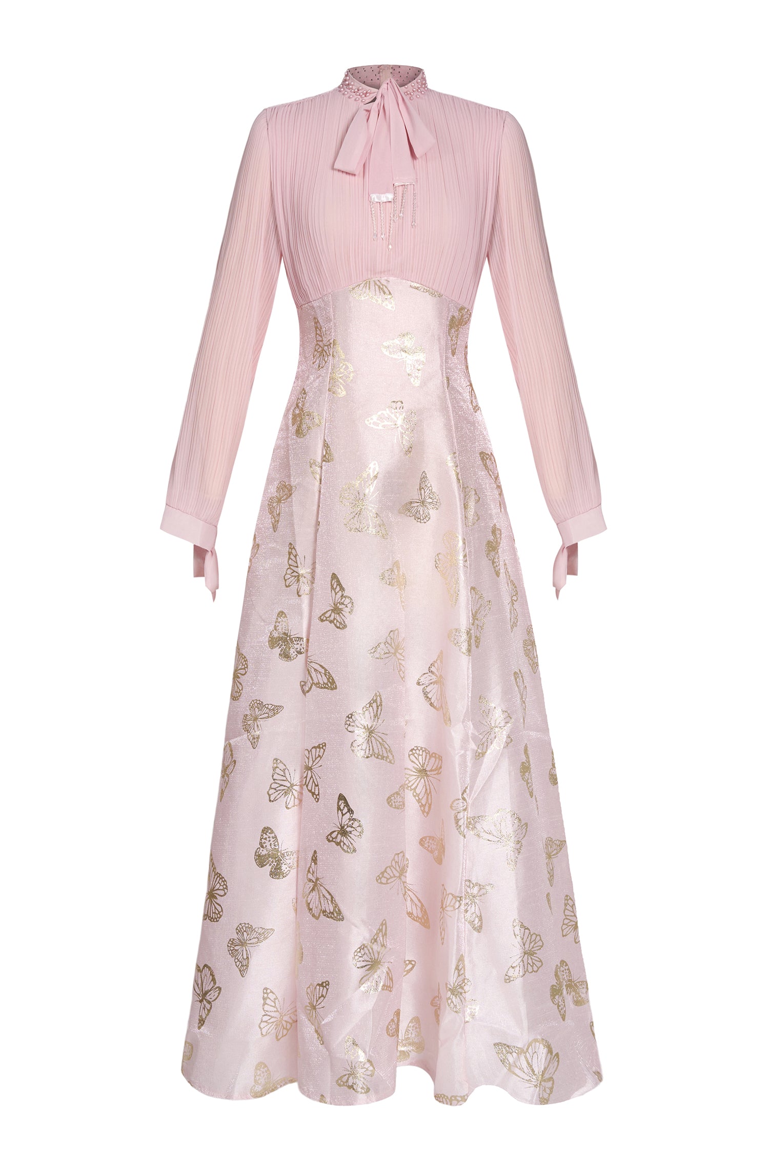Chiffon Pleated Butterfly Gold Foil Stamping Maxi Dress
