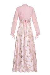Chiffon Pleated Butterfly Gold Foil Stamping Maxi Dress