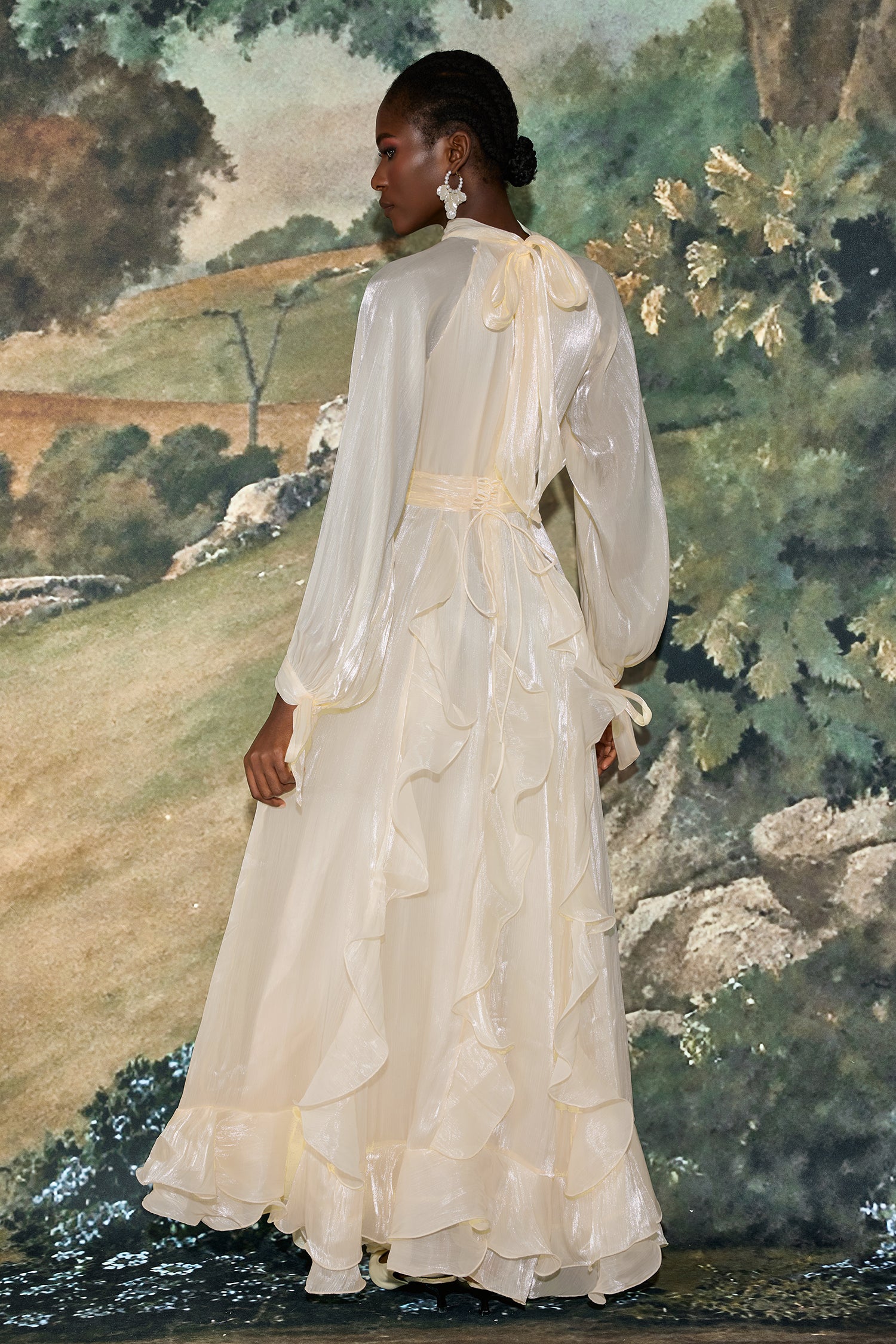 Solid Stand Collar Pleated Frill Maxi Dress With Belt