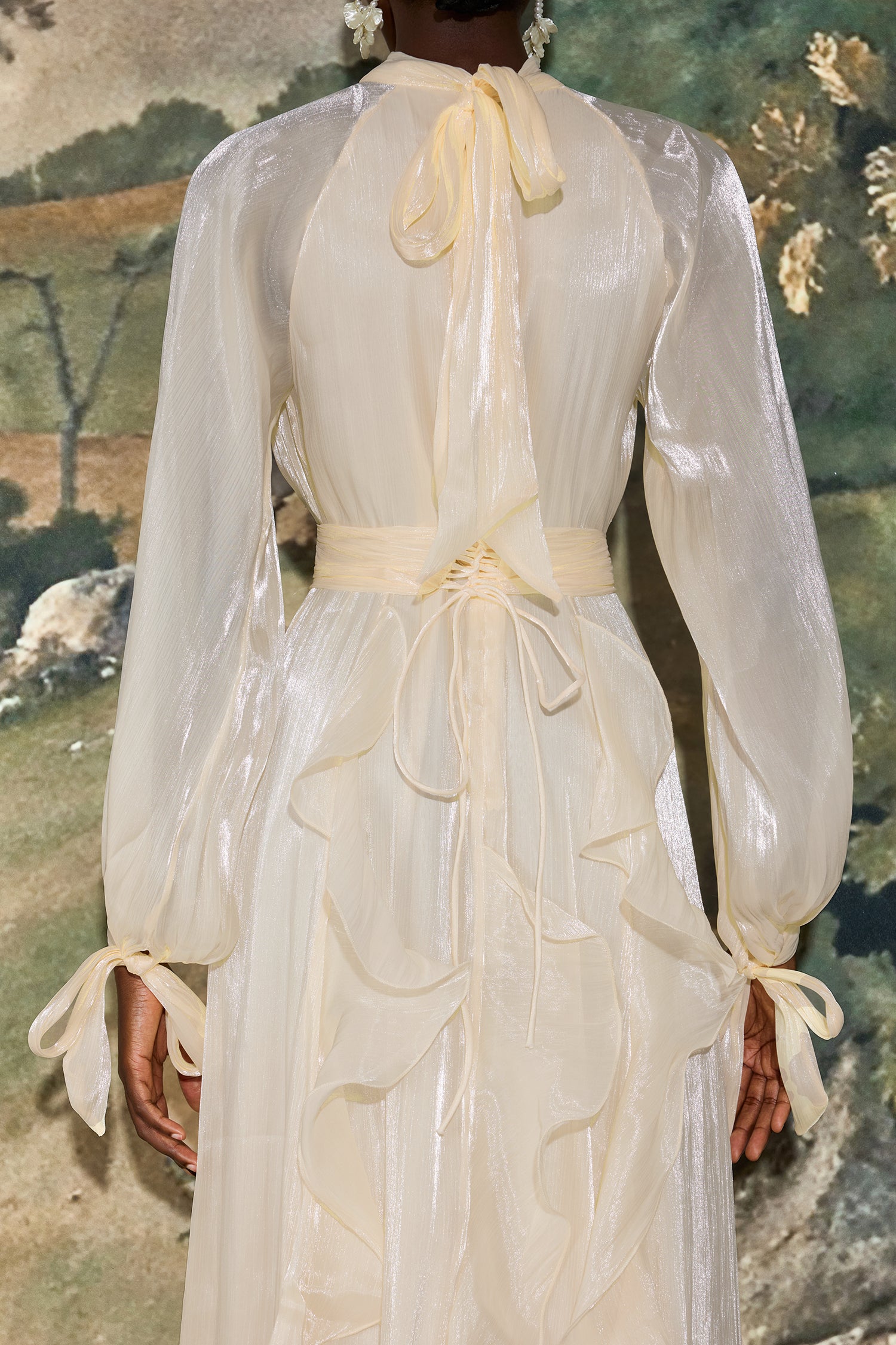 Solid Stand Collar Pleated Frill Maxi Dress With Belt