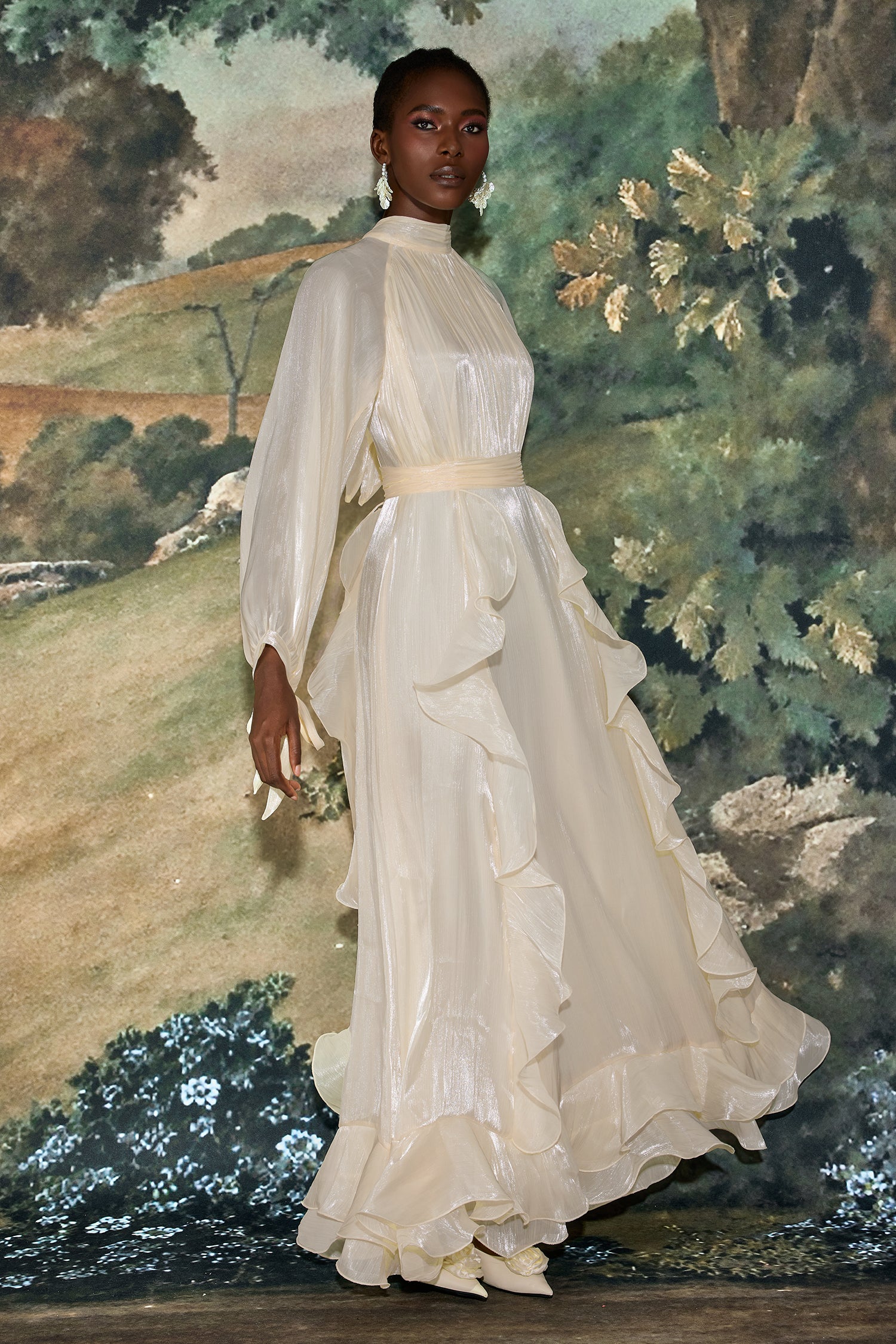 Solid Stand Collar Pleated Frill Maxi Dress With Belt