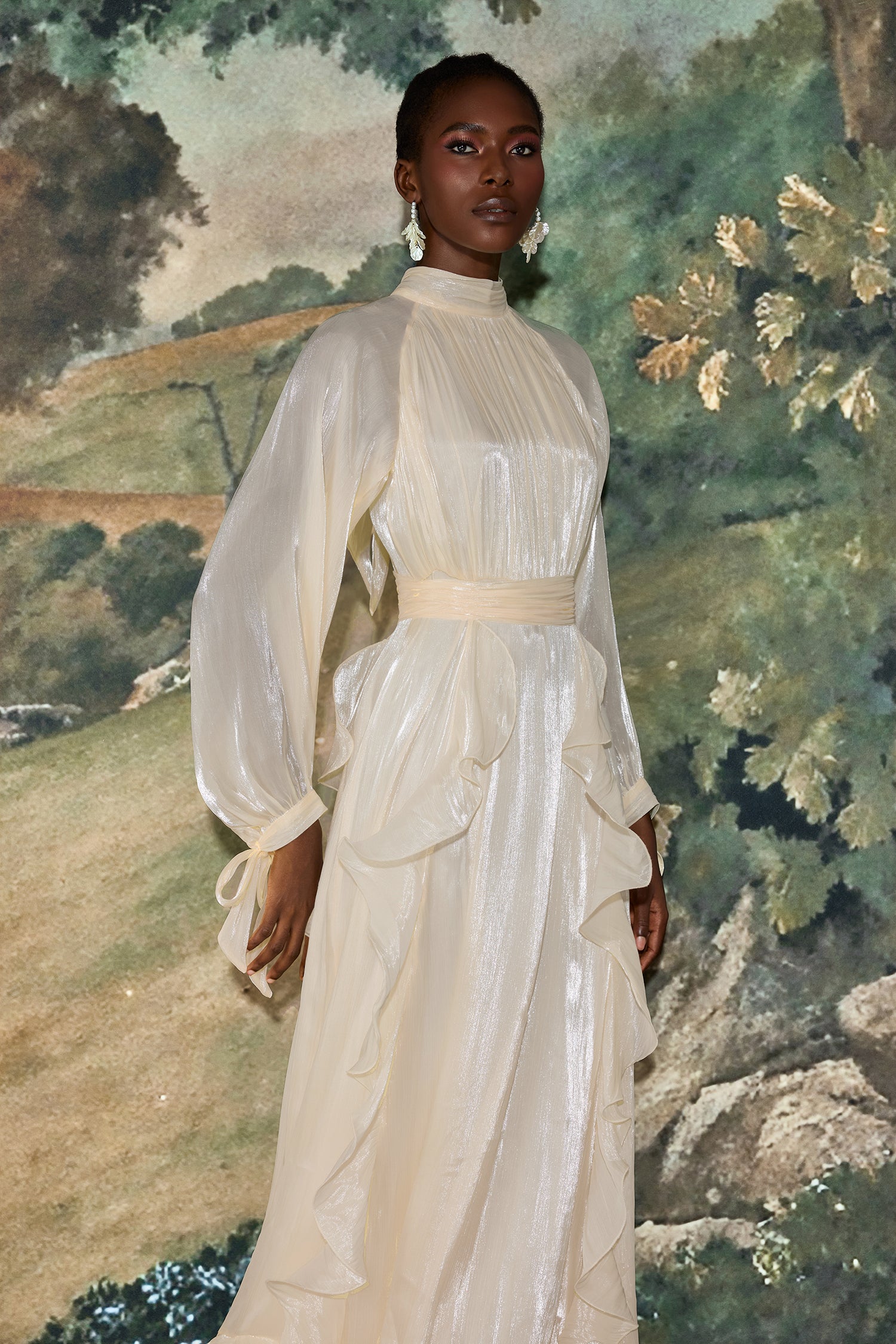 Solid Stand Collar Pleated Frill Maxi Dress With Belt
