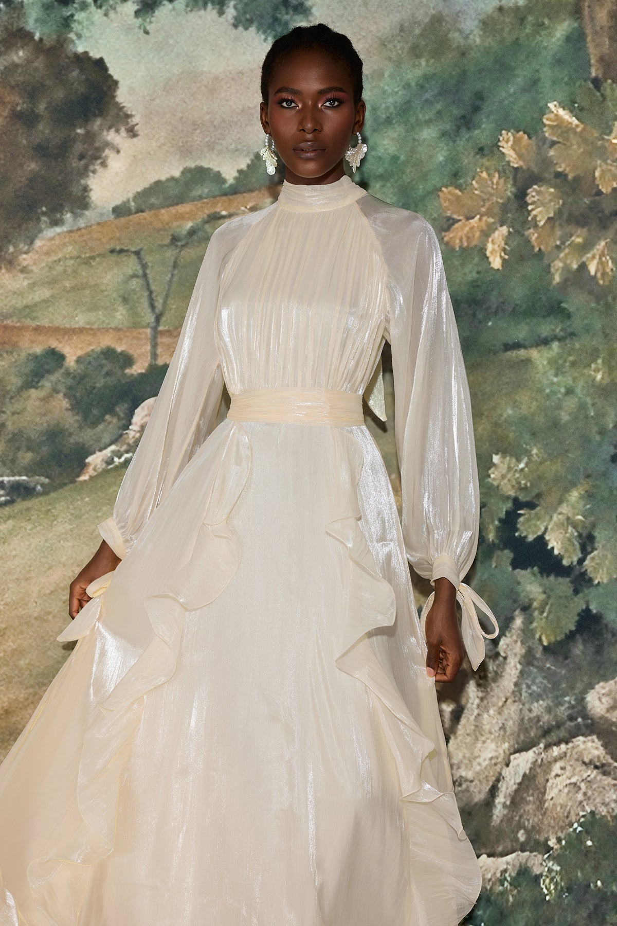 Solid Stand Collar Pleated Frill Maxi Dress With Belt
