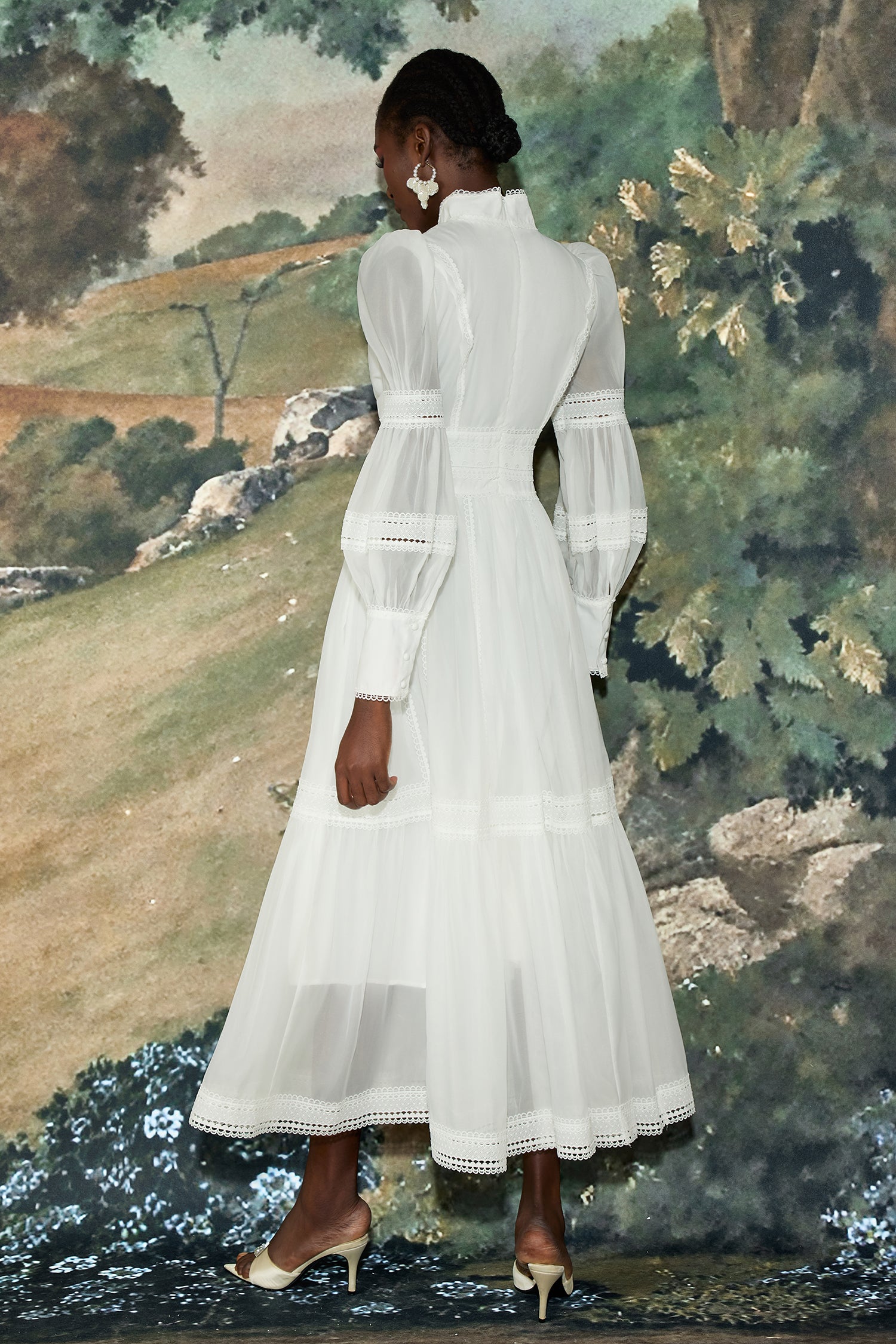 Stand Collar Puff Sleeve Lace Midi Dress
