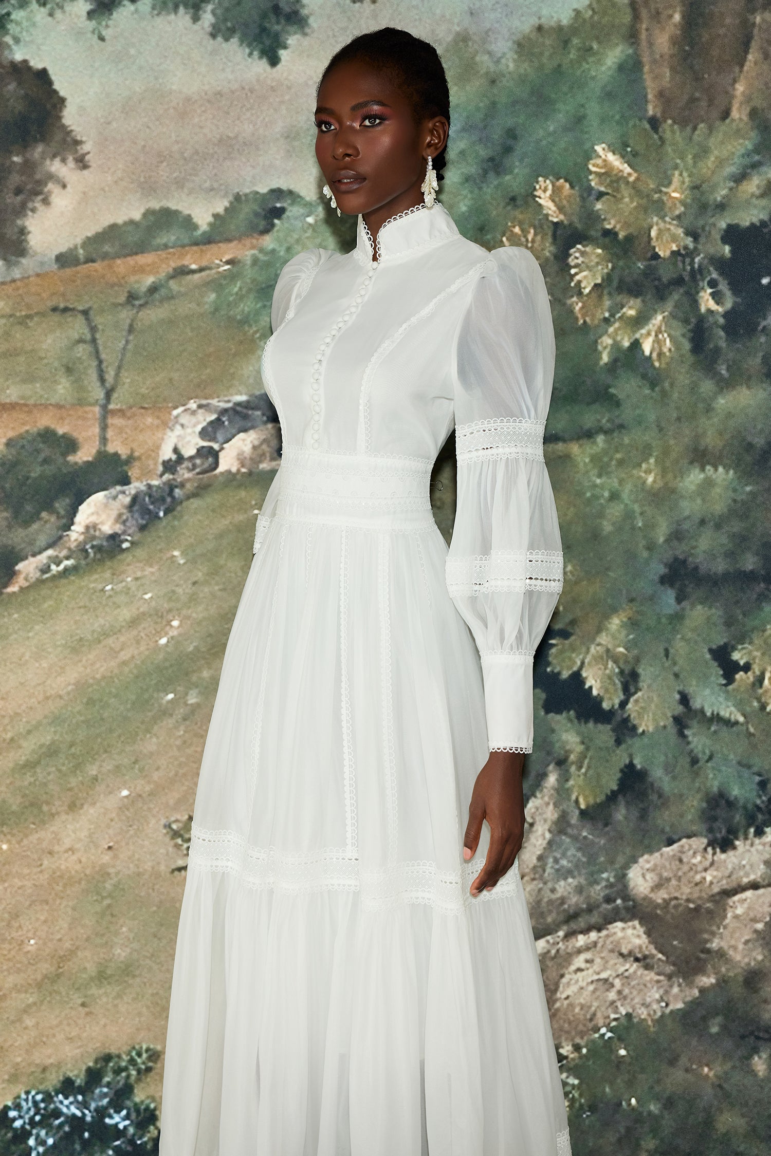 Stand Collar Puff Sleeve Lace Midi Dress