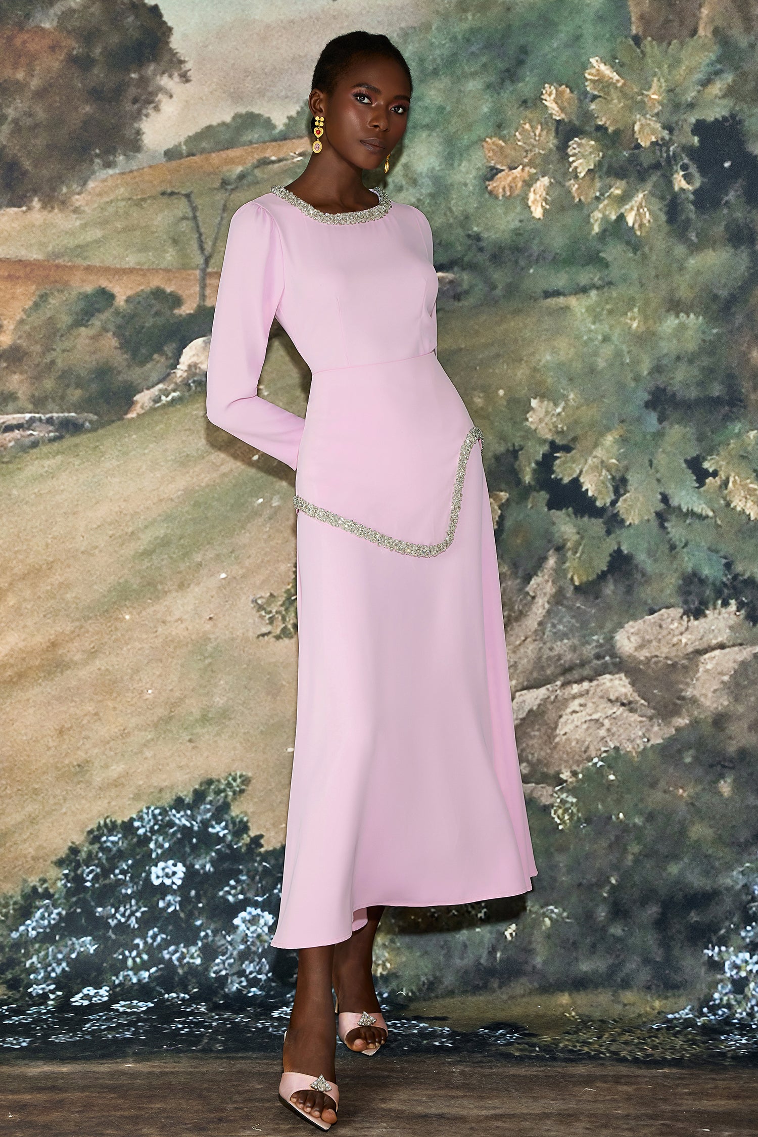 Rhinestone Long Sleeve Midi Dress