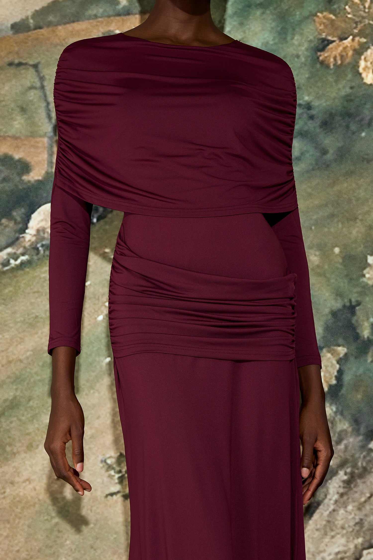 Solid Gathering Long Sleeve Maxi Dress