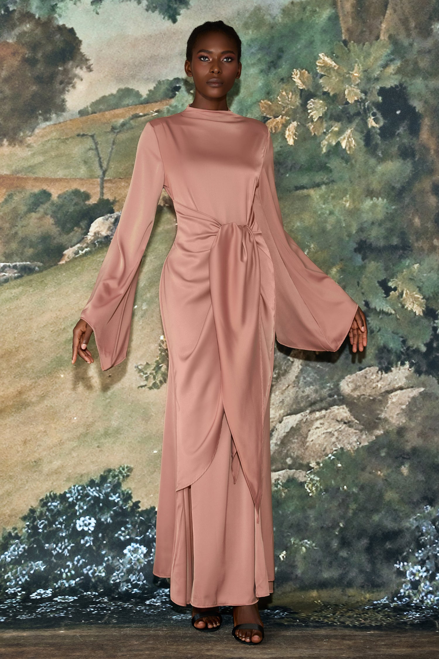 Satin Tie-Up Bell Sleeve Maxi Dress
