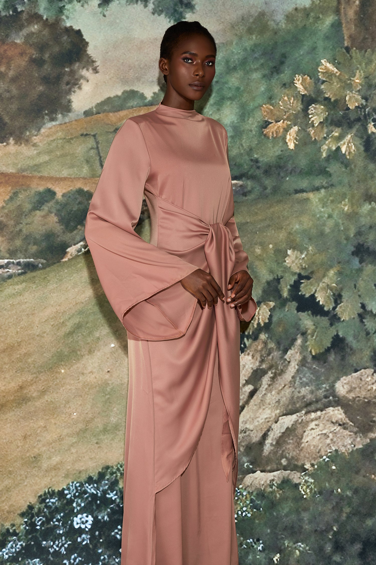 Satin Tie-Up Bell Sleeve Maxi Dress