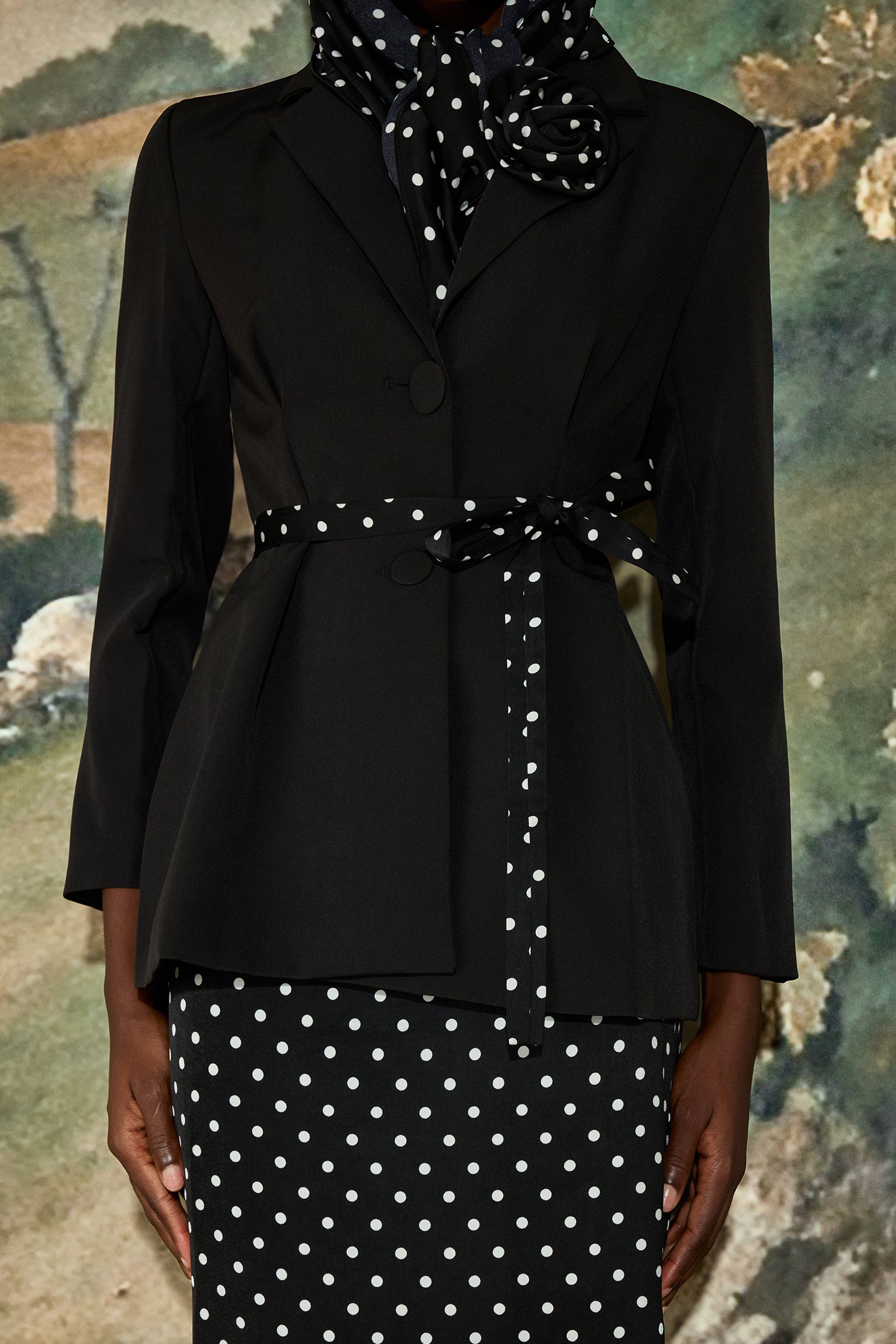 3D Flower Kerchief Blazer & Dots Midi Skirt Set