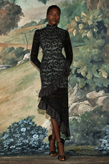 Flock Lace Ruffle Long Sleeve Midi Dress