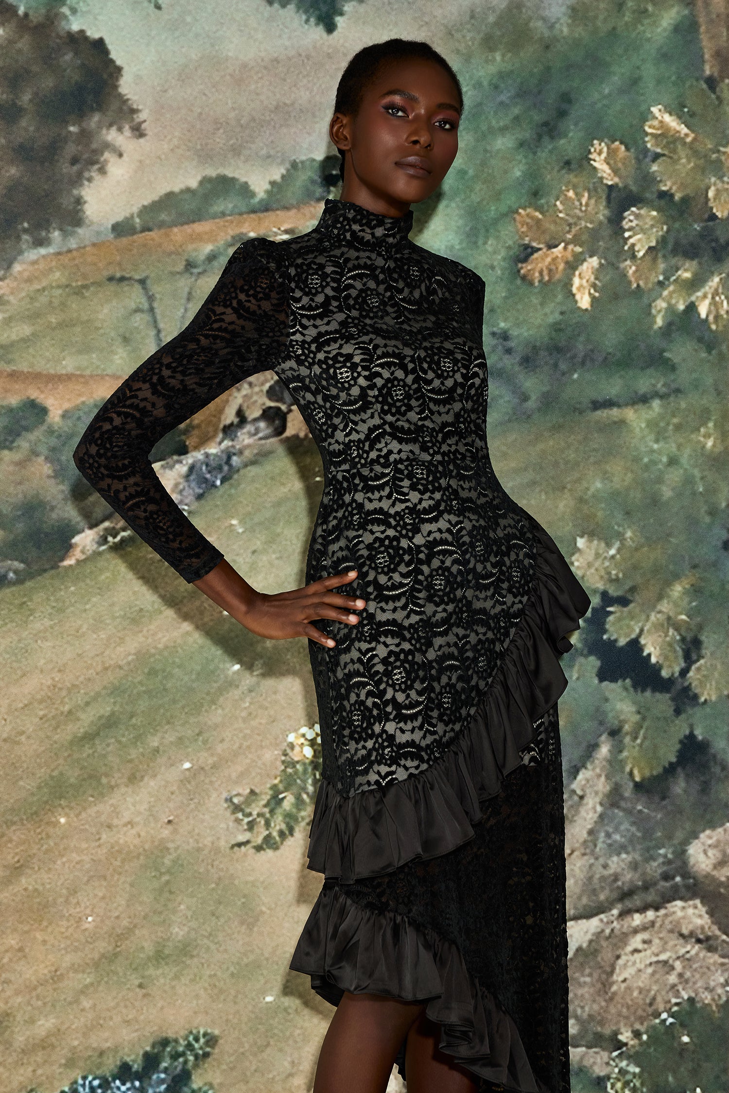 Flock Lace Ruffle Long Sleeve Midi Dress
