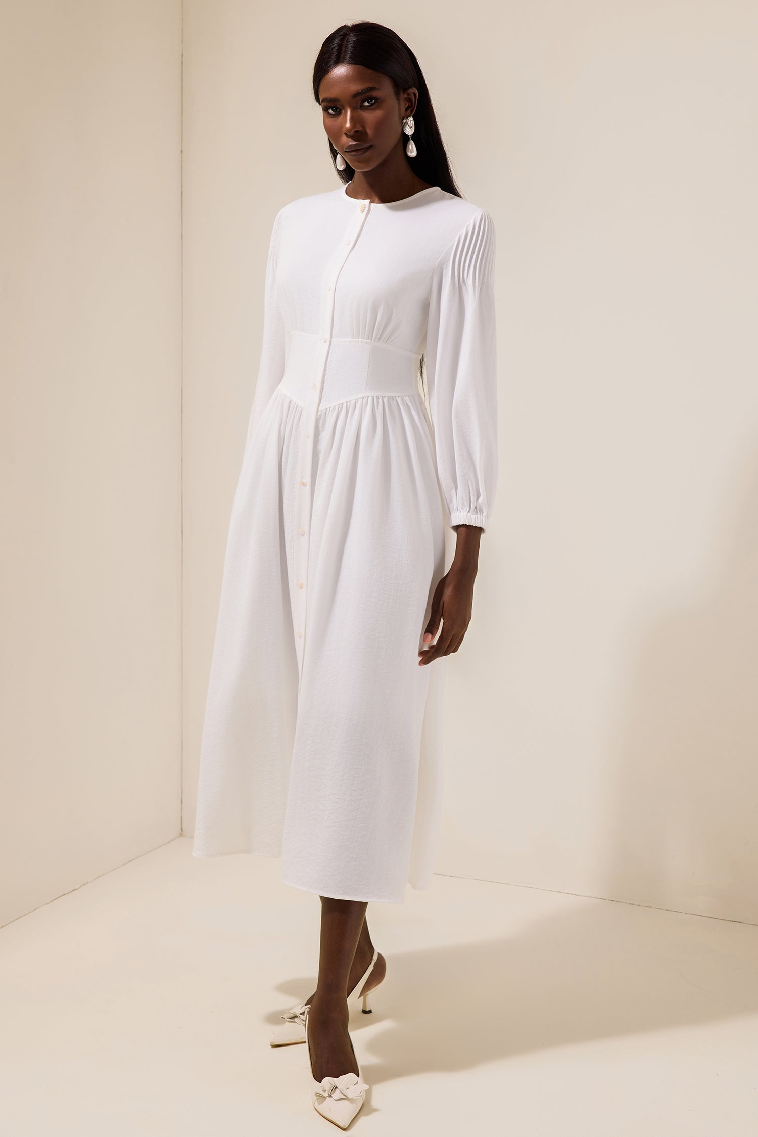 Solid Bottom Lantern Sleeve Midi Dress