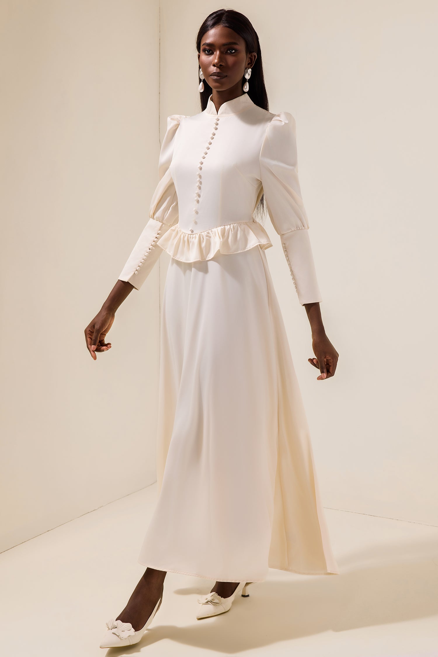 Satin Faux Pearl Button Frill Maxi Dress
