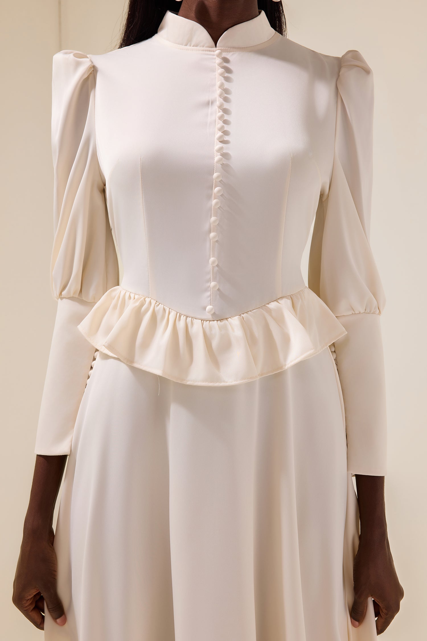 Satin Faux Pearl Button Frill Maxi Dress